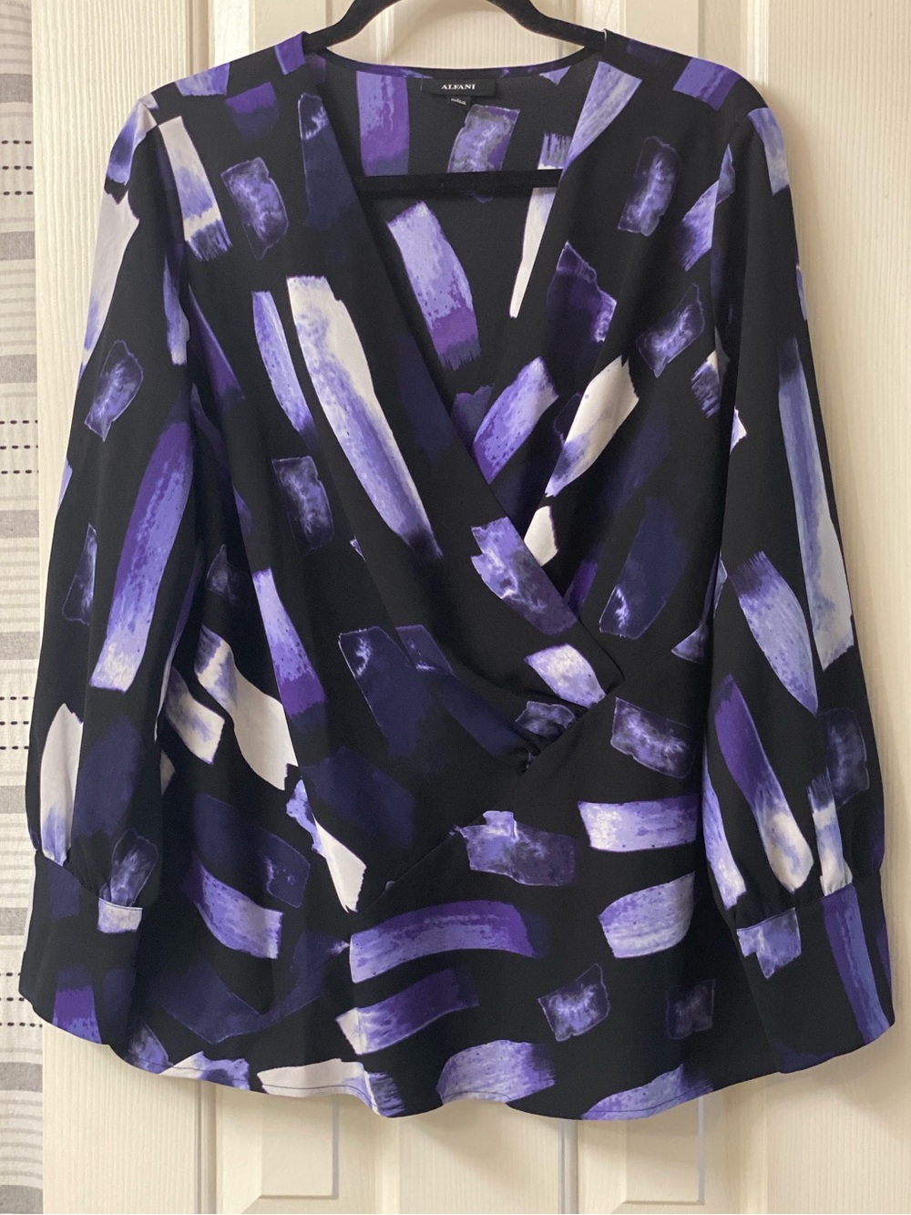 Alfani Surplice Faux Wrap Blouse with Purple and White Brushstroke Print Size L